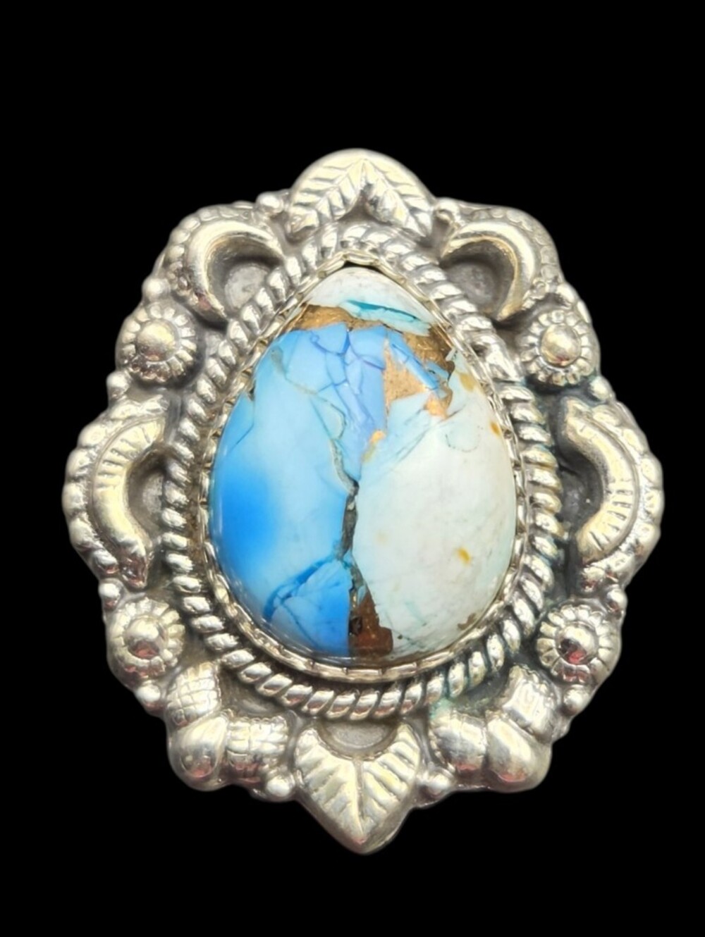 Turquoise Sterling Silver Ornate Ring - Blue/White Adjustable